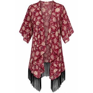 LuLaRoe Monroe Kimono Burgundy Floral Fringe Open Front Boho Festival Cardigan